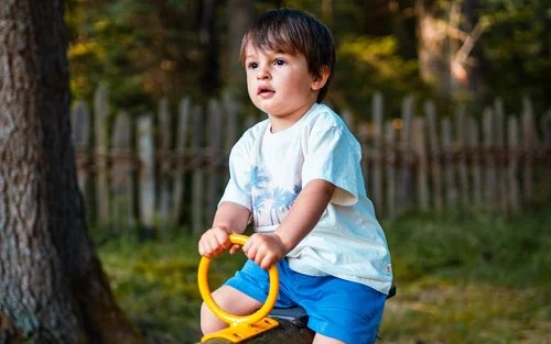 Kleiner Junge sitzt auf einer Wippe im Waldspielplatz