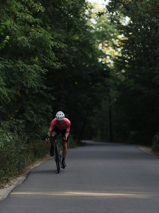 Radfahrer in rosa Trikot fährt auf bewaldeter Straße