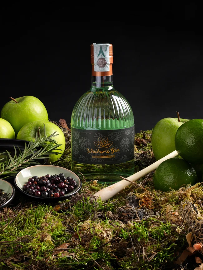 Flasche Gin mit grünen Äpfeln, Limetten, Kräutern und Gewürzen auf Moos