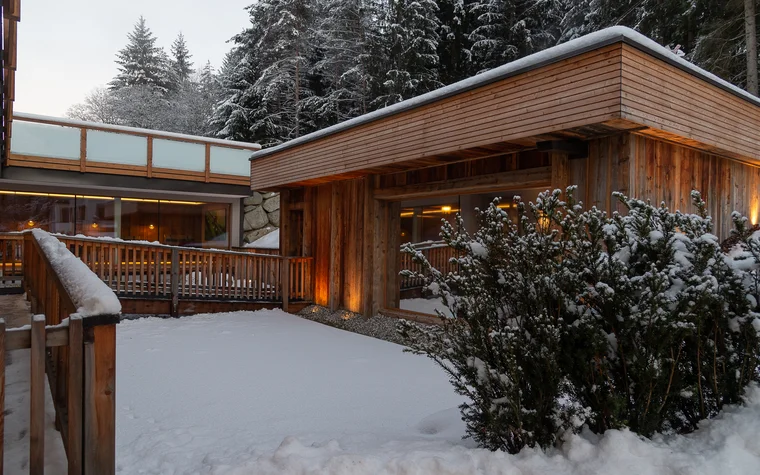 Absolutely stunning impressions Wooden house with snowy garden and bushes in front of snow-covered forest