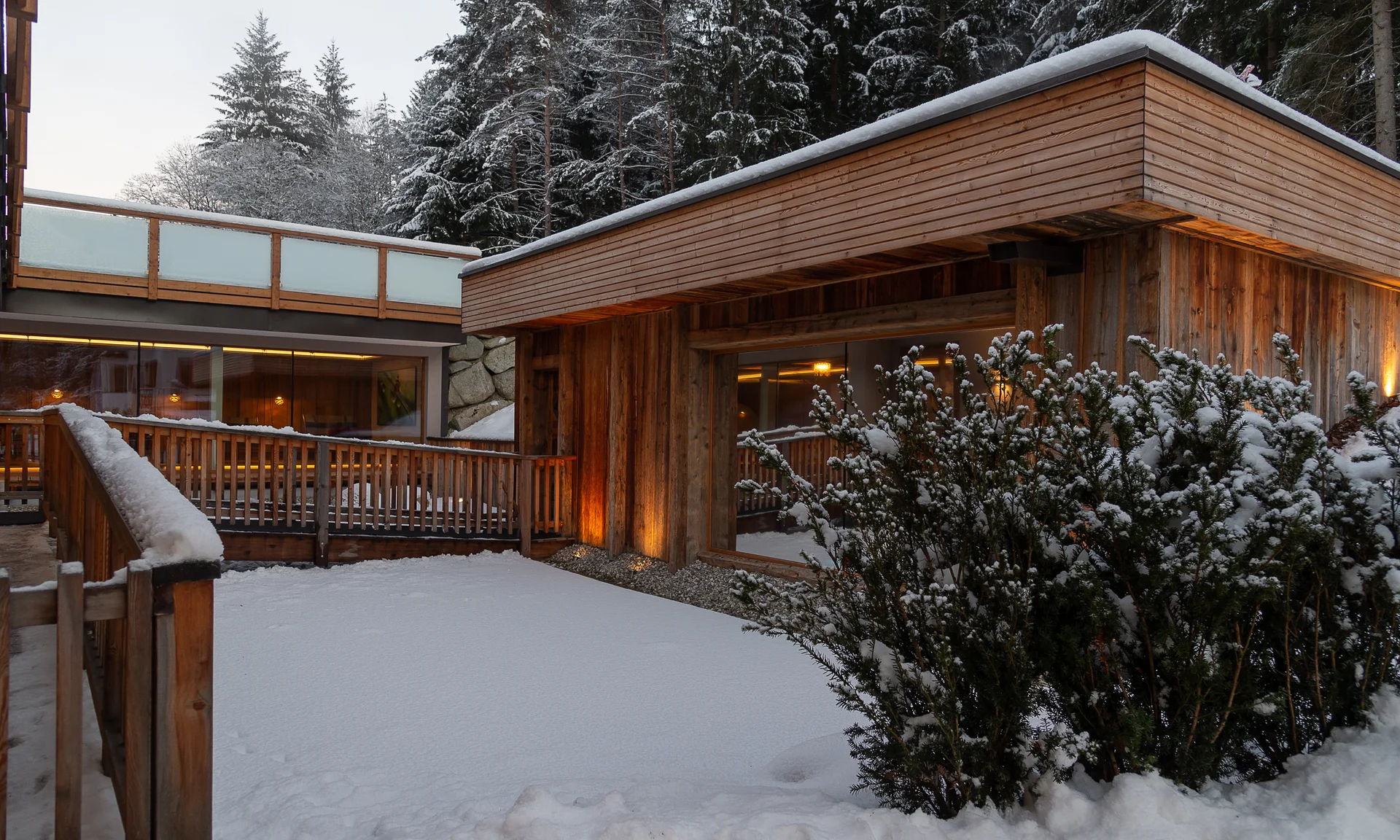 Il segreto di rallentare in questo hotel vicino a Brunico Casa in legno con giardino innevato e cespugli davanti a foresta innevata