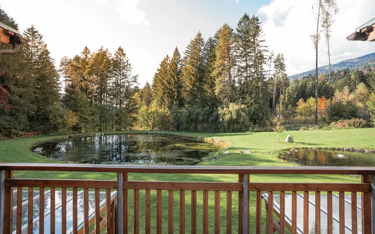 Blick von einem Balkon auf einen Teich und Wald im Herbst