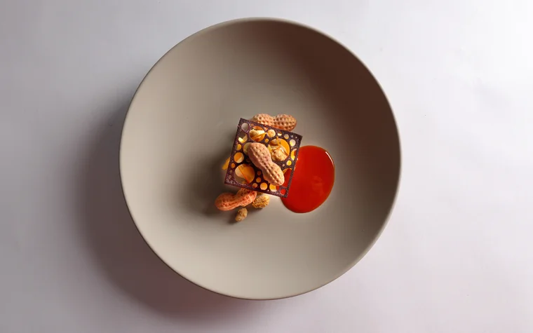 Kunstvoll angerichtetes Dessert mit Erdnüssen und roter Sauce auf grauem Teller