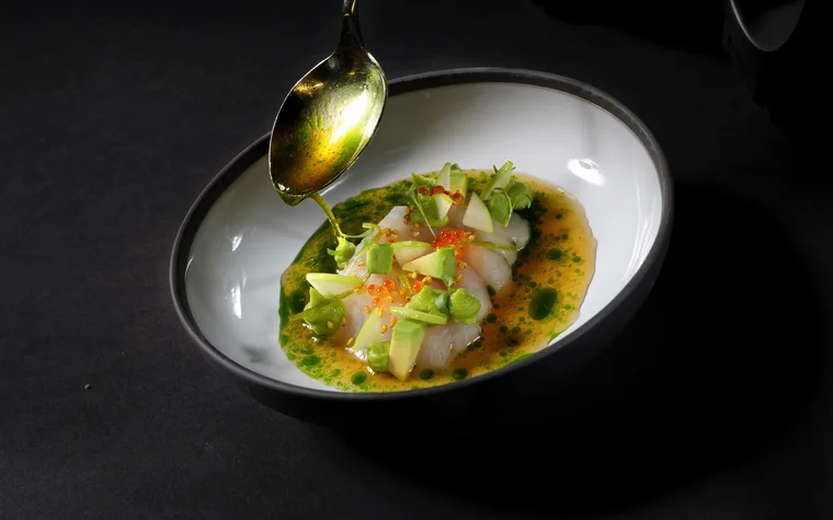 Fein angerichtetes Gericht mit Sauce, grünen Kräutern und Löffel darüber