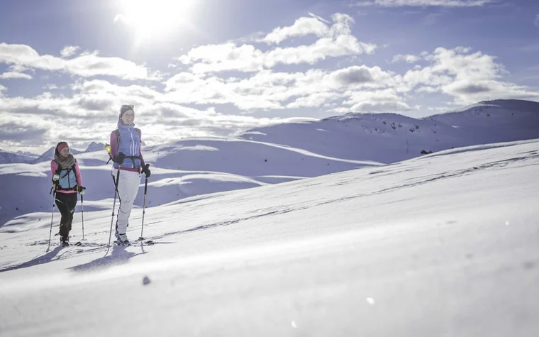 Da cartolina, queste immagini Due donne fanno sci alpinismo con le pelli in un paesaggio montano innevato